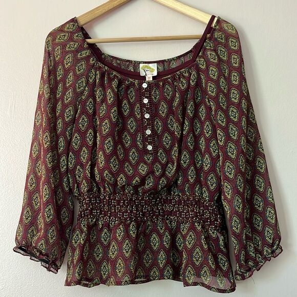 Anthropologie Fig and Flower Peasant Top Paisley Red semi-sheer Size Medium - Picture 1 of 7
